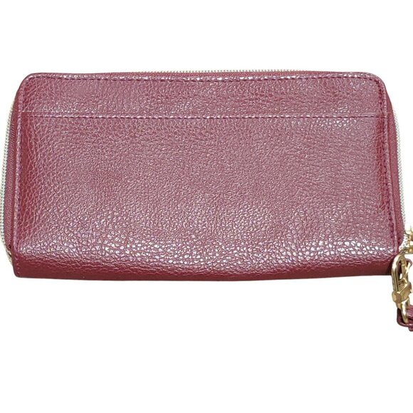 Burgundy Pebbled Faux Leather Zip Wallet Embroidered Wristlet Card Organizer - Picture 2 of 7